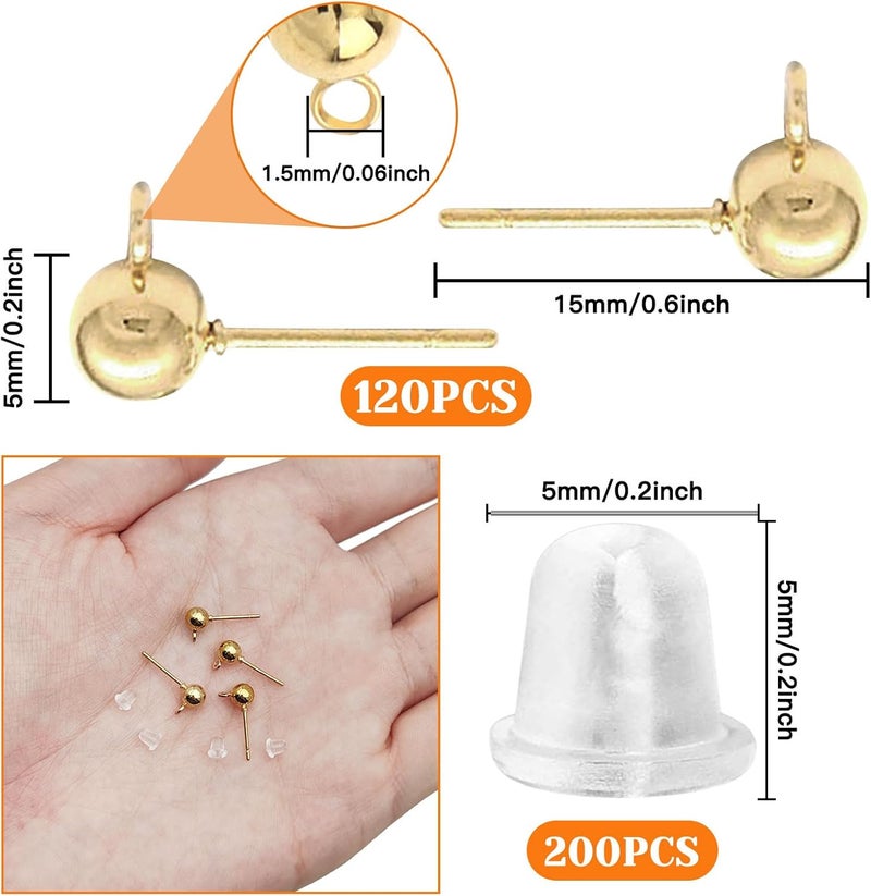 Oubaka 320Pcs Ball Post Earring Studs Set for Jewelry Making,120Pcs Round Ball Earring Posts Hypoallergenic Earring Posts Round Ball Ear Pin with 200Pcs Clear Earring Backs for DIY Jewelry Making(K Gold) - Image 2
